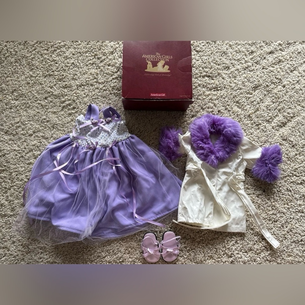 American Girl Doll Purple Dress Outfit Set White Coat Shoes Velvet Fur